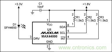 圖1：MAX44000典型電路，包括LED