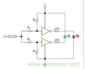 在雙門構成的CMOS/TTL兼容探頭中，R1至R4電阻網(wǎng)絡對反相器輸入端做偏置