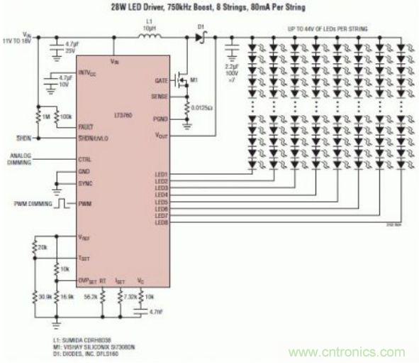 采用 LT3760、效率為 90% 的 28W LED 背光照明電路