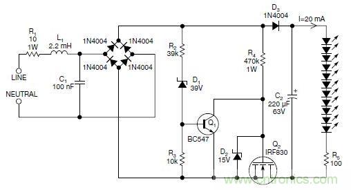 圖2：斬波工作類似圖1中的電路，但以較大的LED串聯(lián)電阻代替了恒流源，提供限流功能