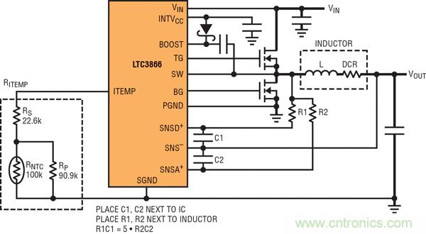 圖 1：具超低電感器 DCR 的 LTC3866 電流采樣電路。大電流通路用粗線顯示