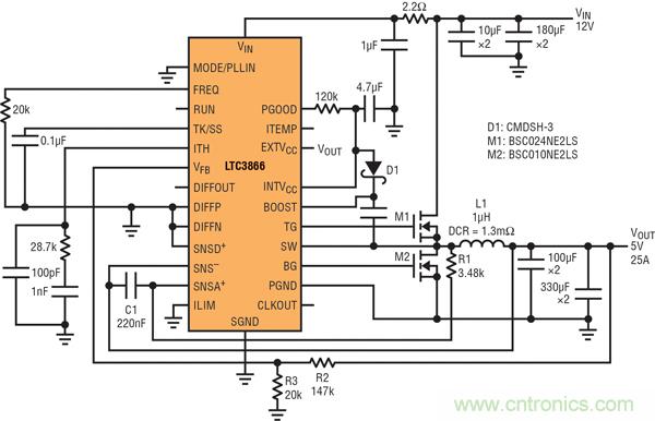 圖9：高效率電源，12V輸入至5V/25A輸出