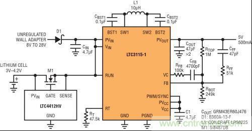 圖7：LTC3115-1與LTC4412HV相結(jié)合，以獲得由單節(jié)鋰離子電池和未穩(wěn)壓交流適配器提供的雙輸入5V電源