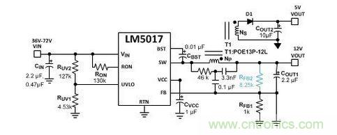 基于 LM5017 的 Fly-Buck 轉換器電路，沒有基于光耦合器的穩(wěn)壓電路