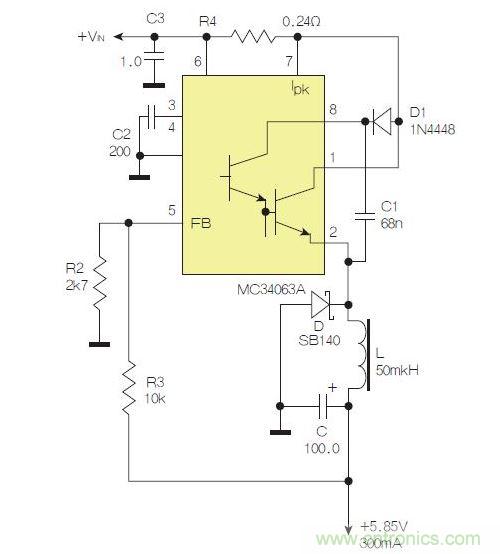 采用降壓配置中廣為使用的MC33063/MC34063的一個示例。