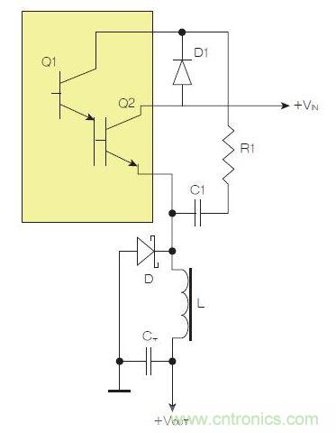 為了實現(xiàn)用兩個元器件提升電源轉(zhuǎn)換效率，芯片上應(yīng)有針對驅(qū)動器晶體管Q1集電極的單獨引腳。