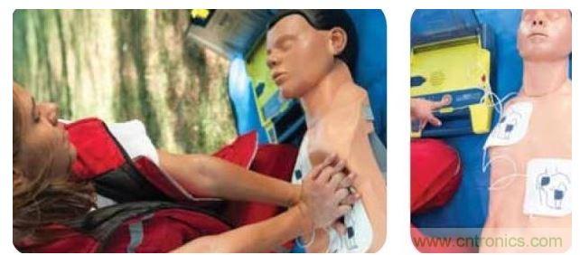 胸部按壓CPR(左圖)迫使血液循環(huán)，為大腦及其它生命器官供血，直到AED重啟心臟(右圖)。
