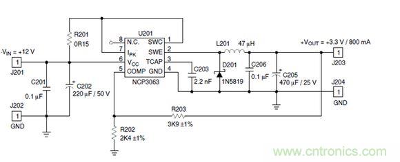 Buck電路應(yīng)用實(shí)例-輸入9～12V，輸出3.3V 800mA電路