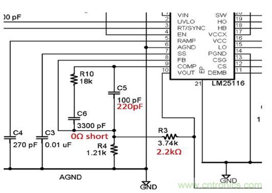圖4：評估板部分原理圖顯示必須調整分壓器(R3和R4)將輸出電壓從5V改變到3.3V。另外還有其它多處改變。