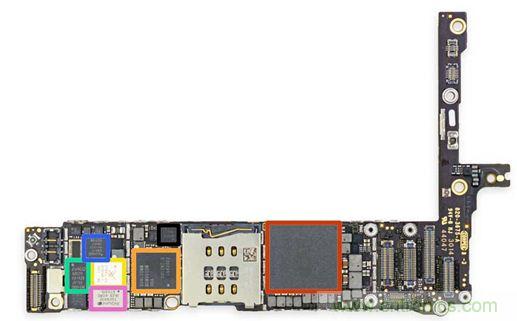 iPhone 6 Plus主板采用1GB RAM的蘋果A8 SoC作為核心部件。（來源：iFixit）