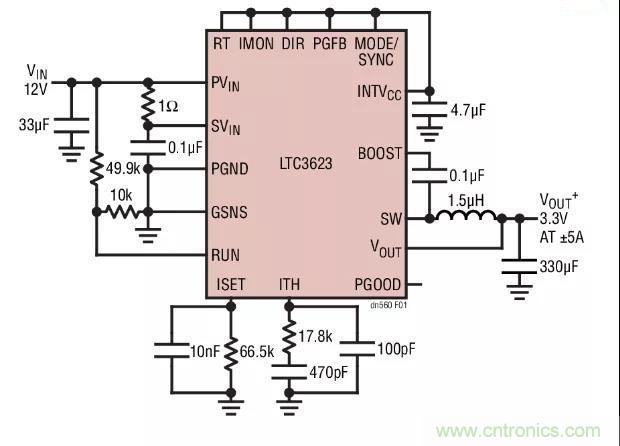 高效率、15V 軌至軌輸出同步降壓型穩(wěn)壓器能提供或吸收 5A