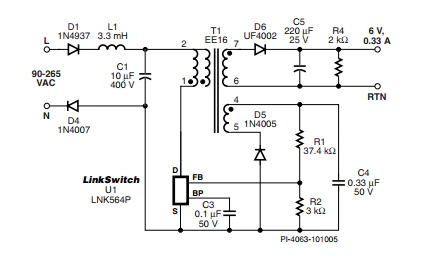 LinkSwitch-LP 系列旨在取代手機(jī)/無繩電話、PDA、數(shù)碼相機(jī)和便攜式音頻播放器等應(yīng)用中輸出功率 < 2.5 W 的低效線頻線性變壓器電源。LinkSwitch-LP 還可用作白色家電等應(yīng)用中的輔助電源。  LinkSwitch-LP 將高壓功率 MOSFET 開關(guān)與 ON/OFF 控制器集成在一個(gè)設(shè)備中。它完全由漏極引腳自供電，具有低 EMI 的抖動(dòng)開關(guān)頻率，并且具有全面的故障保護(hù)。自動(dòng)重啟可限制過載和輸出短路條件下的器件和電路耗散，而遲滯過溫保護(hù)會(huì)在熱故障期間禁用內(nèi)部 MOSFET。EcoSmart 技術(shù)使設(shè)計(jì)能夠輕松實(shí)現(xiàn) < 150 mW 的空載功耗，滿足能源效率要求。  LinkSwitch-LP 的設(shè)計(jì)目的是在輸出功率低于 2.5 W 時(shí)無需初級(jí)側(cè)鉗位電路，從而顯著減少組件數(shù)量和總系統(tǒng)成本。圖 1 顯示了基于 LinkSwitch-LP 的 2 W 電源，不帶初級(jí)側(cè)鉗位。LinkSwitch-LP 系列經(jīng)過優(yōu)化，當(dāng)變壓器上的輔助或偏置繞組提供反饋時(shí)，可提供近似的 CV/CC 輸出特性。這非常適合取代工頻變壓器的應(yīng)用，提供兼容的輸出特性，但過載、短路電流和輸入線電壓變化較小。  　  在無鉗位設(shè)計(jì)中使用 LinkSwitch-LP 的基本電路原理圖。  快速開始  　 LinkSwitch-LP 反激式設(shè)計(jì)流程圖